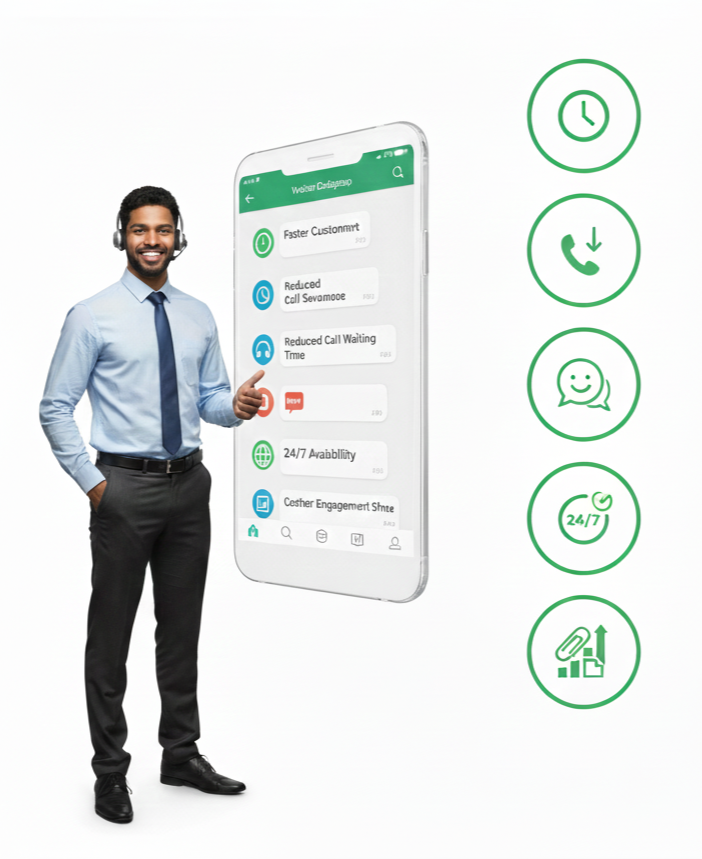 Faster Customer Support, Reduced Call Waiting Time, Improved Customer Experience, 24/7 Availability, Communication, Higher Engagement Rates, Easy Information Sharing.