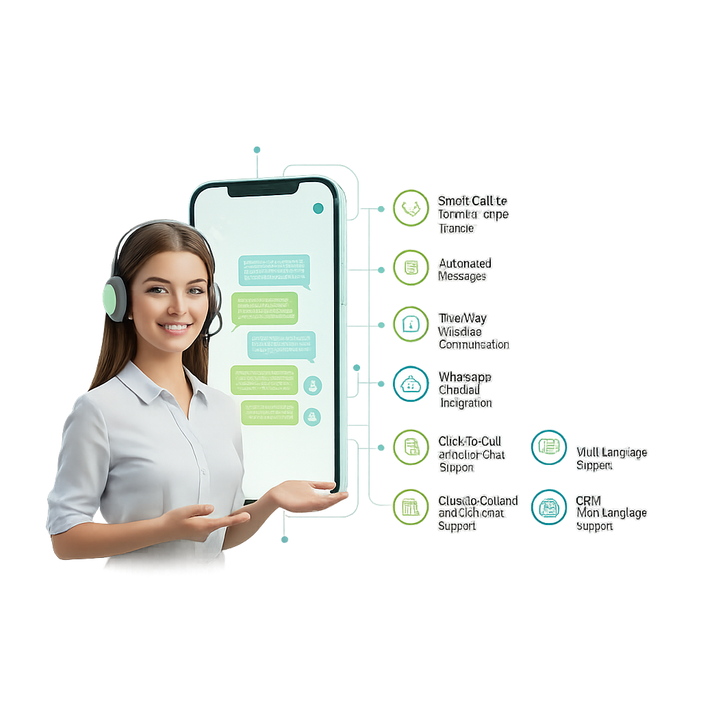 Smart Call-to-WhatsApp Transfer,Automated WhatsApp Messages,Two-Way Communication,CRM Integration,Click-to-Call and Click-to-Chat,Multi-Language Support,Secure and Verified Communication.