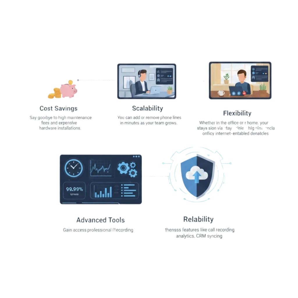 Benefits of Using Cloud Telephony Providers Cost Savings: Say goodbye to high maintenance fees and expensive hardware installations. Scalability: You can add or remove phone lines in minutes as your team grows. Flexibility: Whether in the office or at home, your team stays connected via any internet-enabled device. Advanced Tools: Gain access to professional features like call recording, analytics, and CRM syncing. Reliability: With high uptime and built-in disaster recovery, your lines stay open even when the unexpected happens.