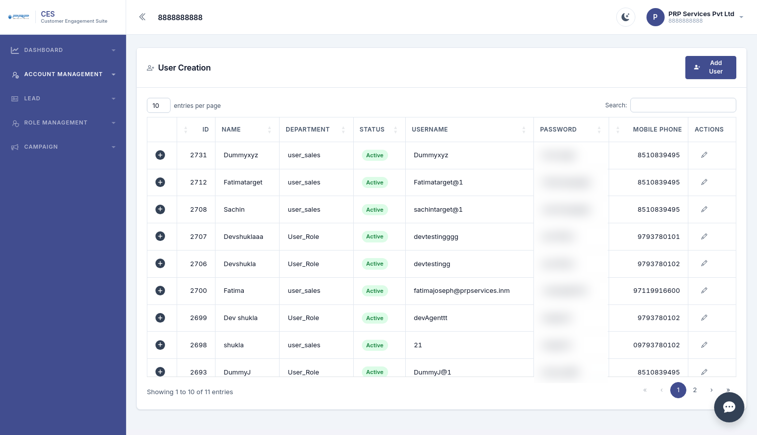 CES User Creation screen