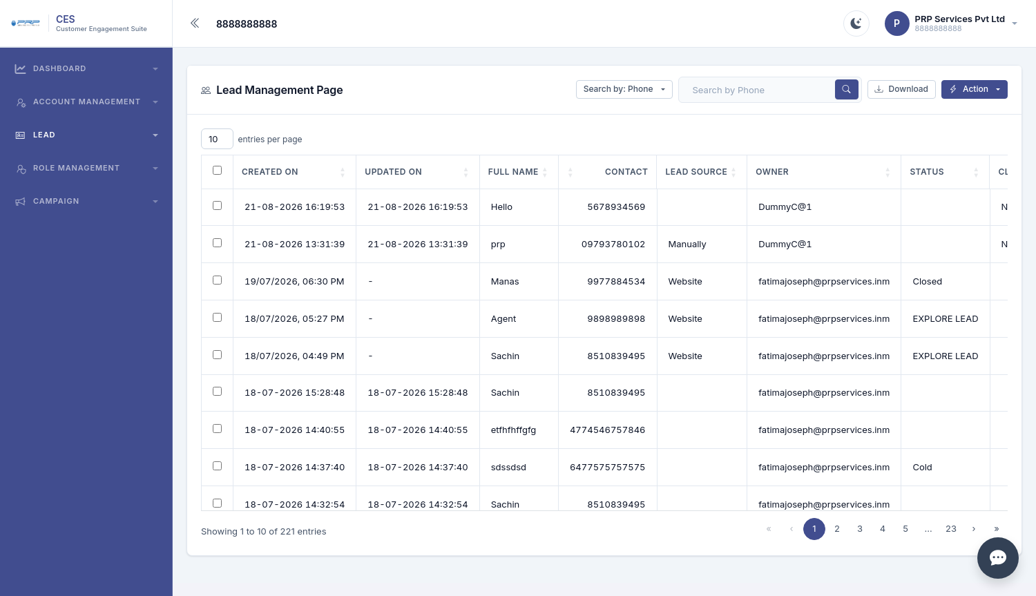 CES Lead Management screen