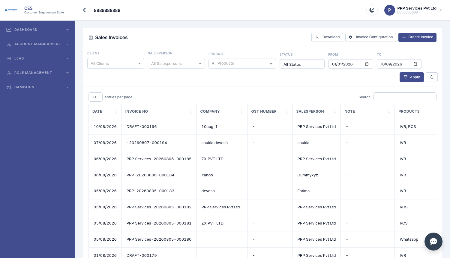 CES Sales Invoices screen